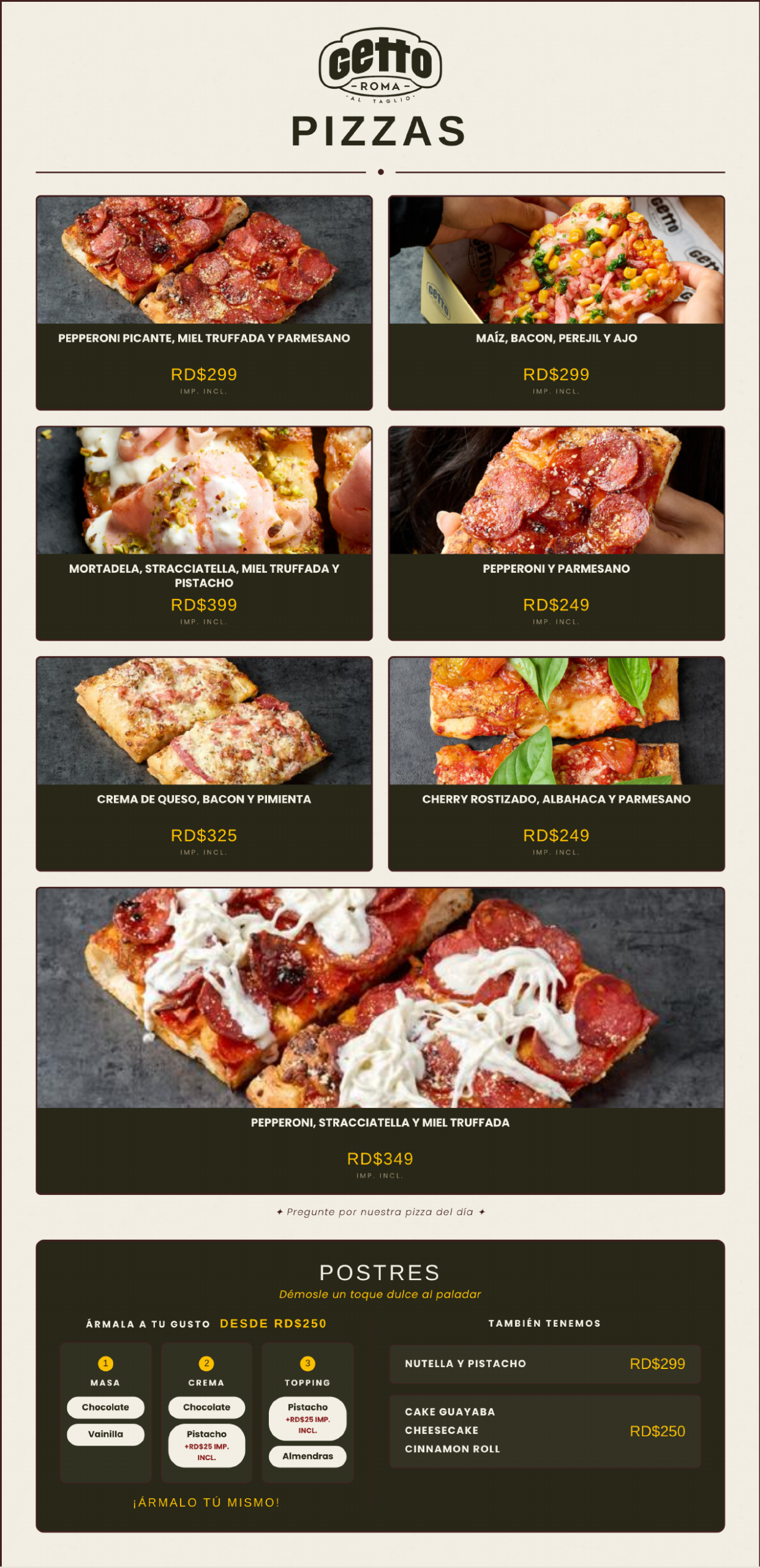 Menú Getto Roma - pizzas y postres