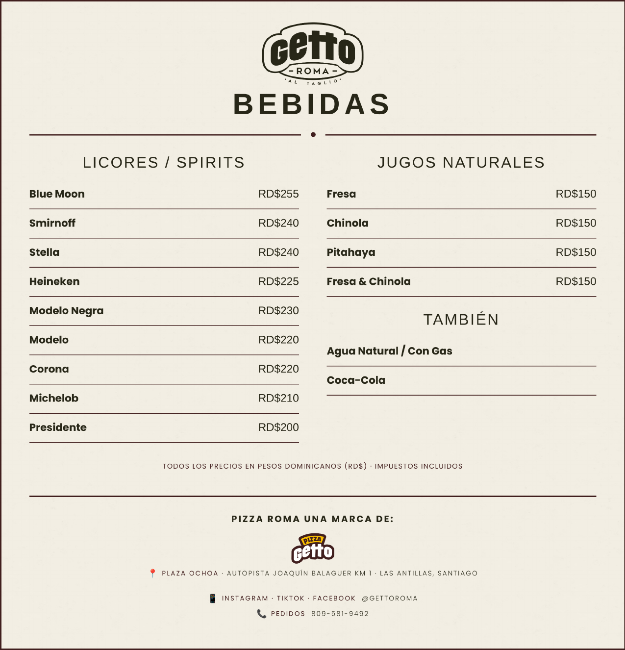 Menú Getto Roma - bebidas